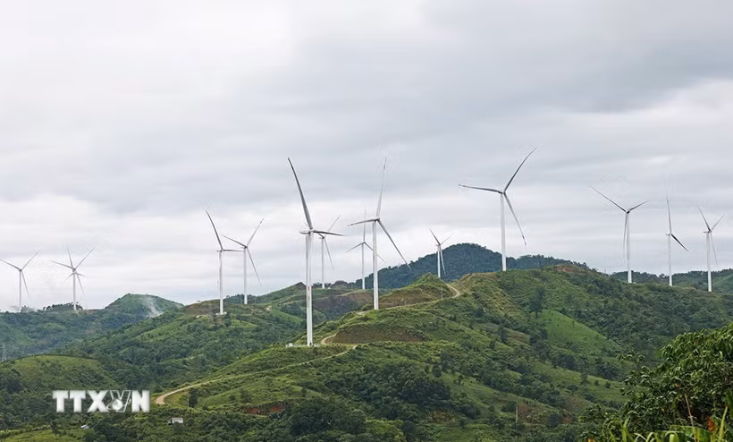 Nhà máy điện gió Khe Sanh (Công ty Cổ phần điện gió Khe Sanh), xã Khe Sanh, tỉnh Quảng Trị, có 12 trụ tua bin gió với tổng công suất 49,2MW, trung bình mỗi năm hoà vào lưới điện 180 triệu kWh. (Ảnh: Vũ Sinh/TTXVN)