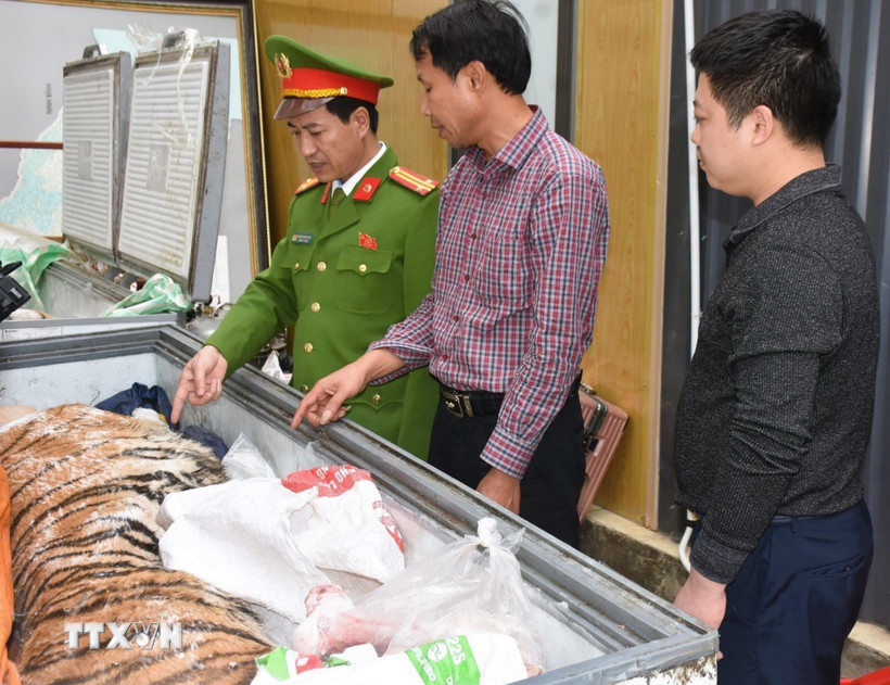 Đối tượng Hoàng Đình Đạt mặc áo kẻ sọc màu đỏ cùng tang vật vụ án. (Ảnh TTXVN phát)