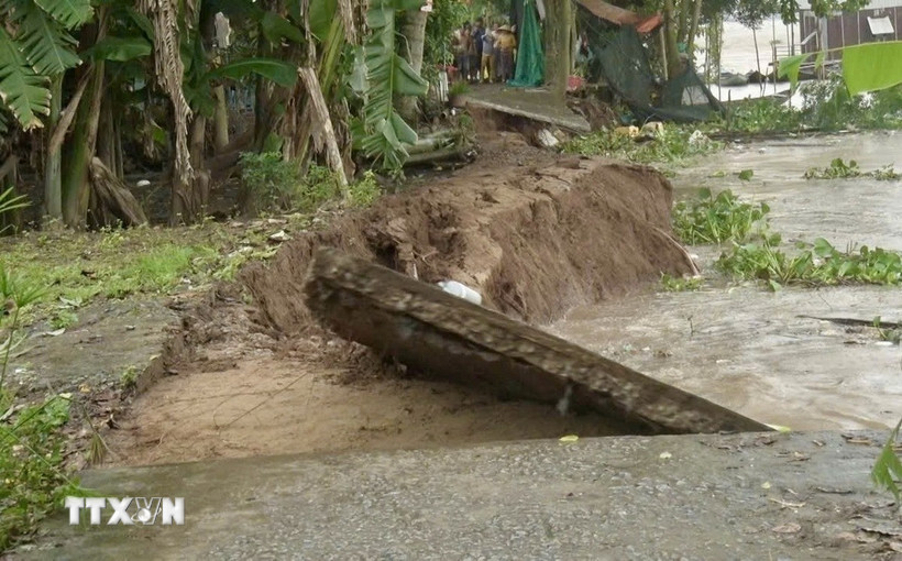 Sạt lở làm sụp hoàn toàn tuyến đường giao thông qua địa bàn tổ 3, ấp Mỹ Thuận, xã Mỹ Hoà Hưng, tỉnh An Giang. (Ảnh: TTXVN phát)