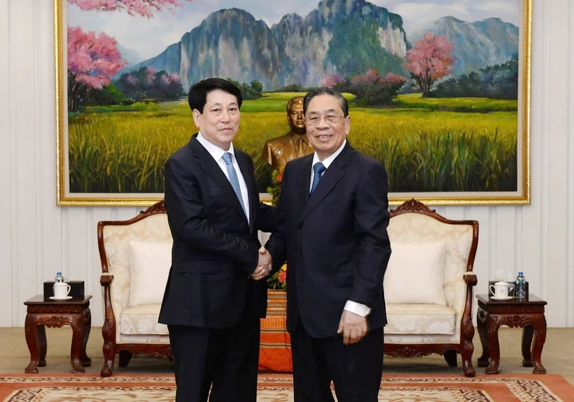 Chủ tịch nước Lương Cường thăm nguyên Tổng Bí thư, Chủ tịch nước Lào Choummaly Sayasone. (Nguồn: TTXVN)