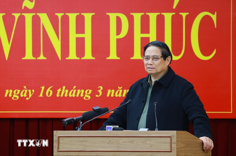 Thủ tướng Phạm Minh Chính kết luận buổi làm việc với Ban Thường vụ Tỉnh ủy Vĩnh Phúc về tình hình phát triển kinh tế-xã hội. (Ảnh: Dương Giang/TTXVN)