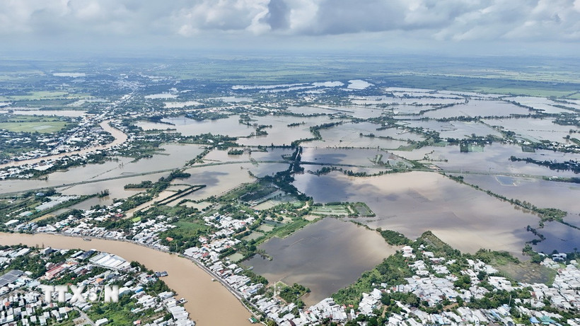 Nước lũ gây ngập lụt cánh đồng trên địa bàn phường Bình Đức, tỉnh An Giang. (Ảnh: Thanh Sang/TTXVN)