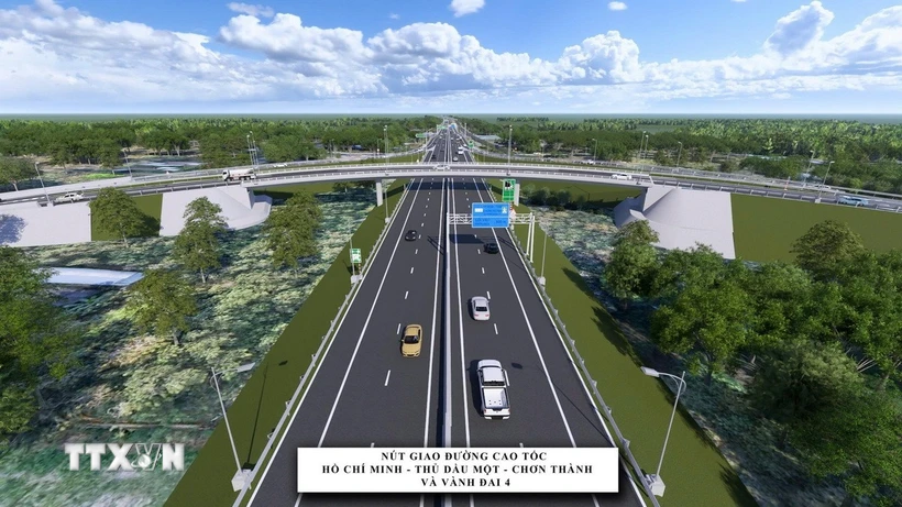 Phối cảnh đường Vành đai 4 Tp. Hồ Chí Minh có chiều dài 48km đoạn qua tỉnh Bình Dương. (Ảnh: TTXVN phát)