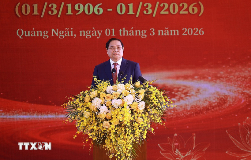 Thủ tướng Phạm Minh Chính phát biểu tại Lễ kỷ niệm 120 năm Ngày sinh Thủ tướng Phạm Văn Đồng. (Ảnh: Dương Giang/TTXVN)