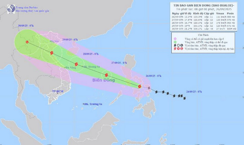 Hình ảnh đường đi và vị trí của bão Bualoi lúc 7h sáng 26/9. (Nguồn: Trung tâm Dự báo Khí tượng Thủy văn Trung ương)