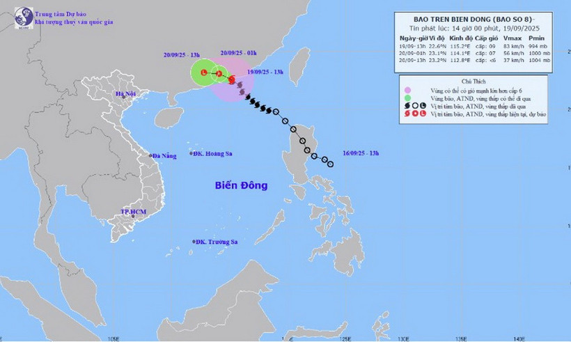 Hình ảnh vị trí và đường đi của bão số 8 lúc 13h chiều 19/9/2025. (Nguồn: Trung tâm Dự báo Khí tượng Thủy văn Quốc gia)