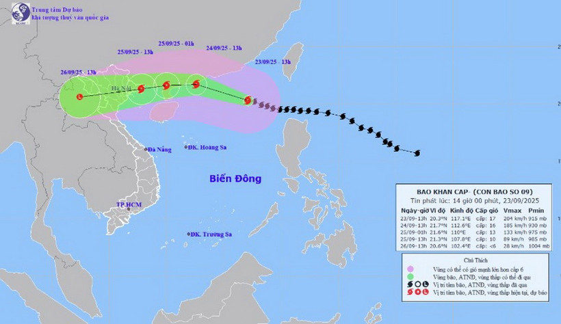 Hình ảnh vị trí và đường đi của bão số 9 lúc 13h chiều 23/9/2025. (Nguồn: Trung tâm Dự báo Khí tượng Thủy văn Trung ương)
