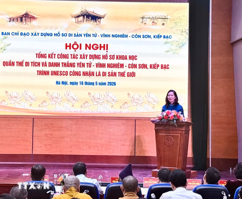 Quang cảnh Hội nghị Tổng kết hành trình đưa Yên Tử-Vĩnh Nghiêm-Côn Sơn, Kiếp Bạc thành Di sản Thế giới. (Ảnh: Phương Lan/TTXVN)