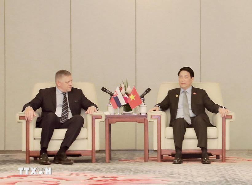 Chủ tịch nước Lương Cường hội kiến Thủ tướng Slovakia Robert Fico. (Ảnh: TTXVN)