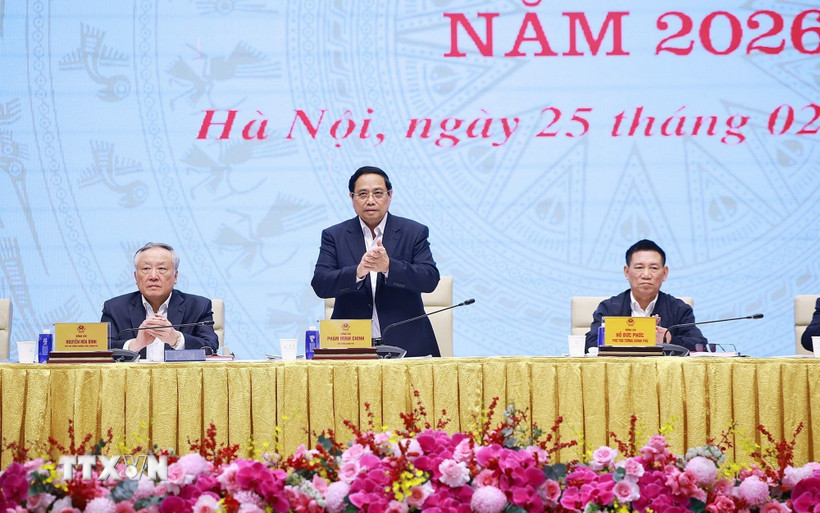 Thủ tướng Phạm Minh Chính chủ trì phiên họp lần thứ nhất năm 2026 của Ban Chỉ đạo về phát triển khoa học, công nghệ, đổi mới sáng tạo, chuyển đổi số và Đề án 06. (Ảnh: Dương Giang/TTXVN)