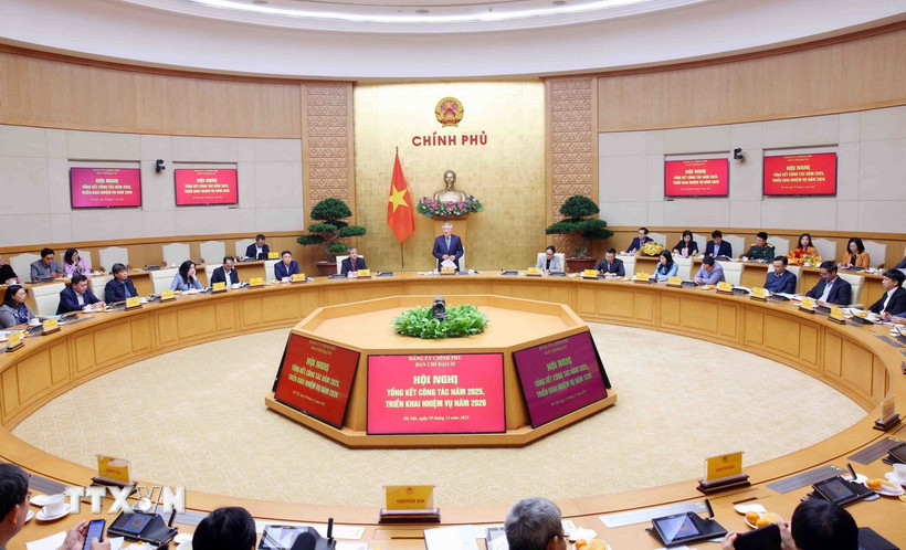 Ban Chỉ đạo về bảo vệ nền tảng tư tưởng của Đảng, đấu tranh phản bác các quan điểm sai trái, thù địch của Đảng ủy Chính phủ (Ban Chỉ đạo 35 Đảng ủy Chính phủ) tổ chức Hội nghị tổng kết công tác năm 2025, triển khai nhiệm vụ năm 2026. (Ảnh: Phạm Kiên/TTXVN)