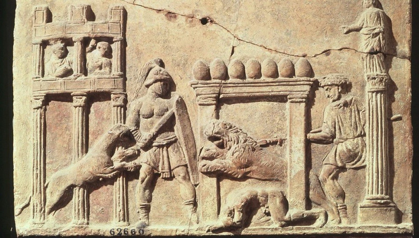 Nghệ thuật La Mã từ thế kỷ thứ nhất mô tả một chiến binh đang đối mặt với sư tử. (Nguồn: Shutterstock)