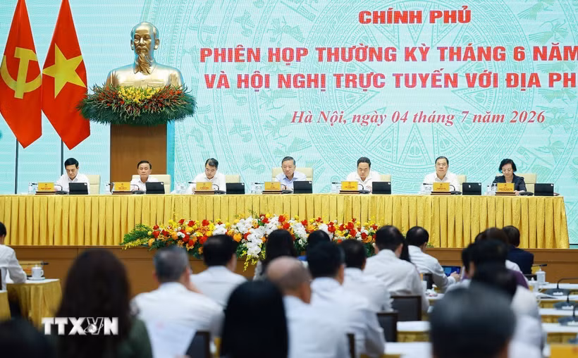Tổng Bí thư, Chủ tịch nước Tô Lâm cùng các đồng chí lãnh đạo Đảng, Nhà nước dự hội nghị. (Ảnh: Dương Giang/TTXVN)