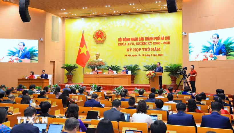 Quang cảnh phiên khai mạc Kỳ họp thứ năm, Hội đồng Nhân dân thành phố Hà Nội khóa XVII. (Ảnh: Trung Nguyên/TTXVN)