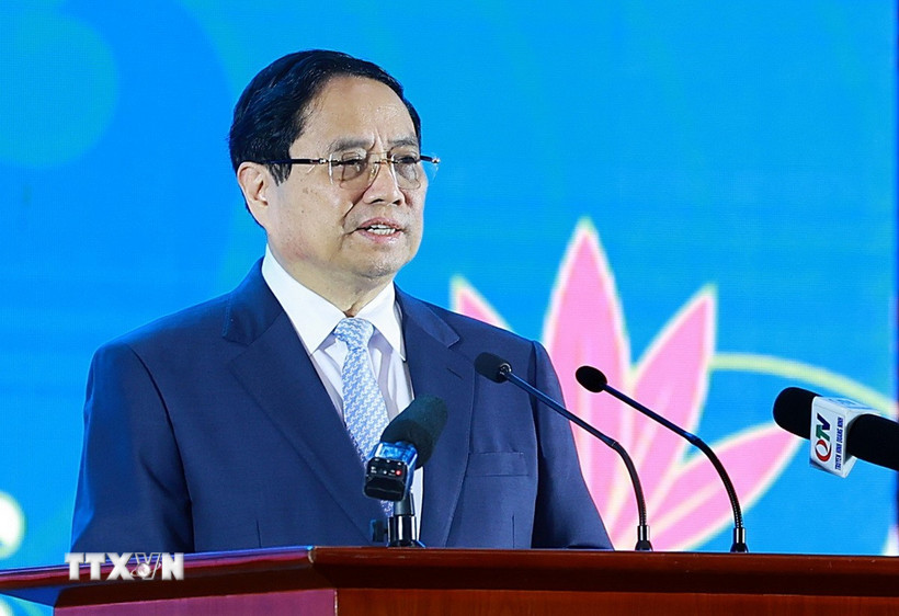 Thủ tướng Phạm Minh Chính phát biểu tại Diễn đàn hợp tác địa phương Việt Nam-Nhật Bản. (Ảnh: Dương Giang/TTXVN)