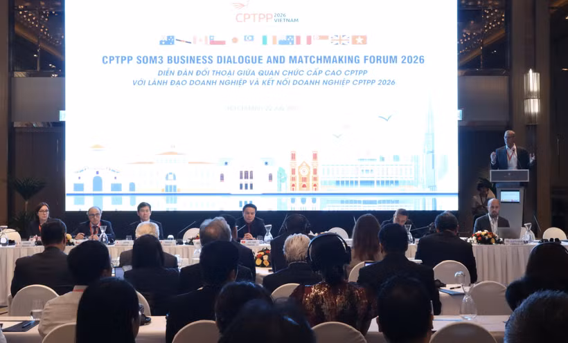 Quang cảnh Diễn đàn đối thoại giữa Quan chức cấp cao CPTPP với lãnh đạo doanh nghiệp và Kết nối doanh nghiệp. (Ảnh: Xuân Anh/TTXVN)
