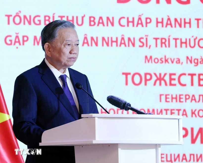 Tổng Bí thư Tô Lâm phát biểu tại buổi gặp mặt tri ân các nhân sĩ, trí thức, chuyên gia Nga từng giúp đỡ Việt Nam. (Ảnh: Thống Nhất/TTXVN)