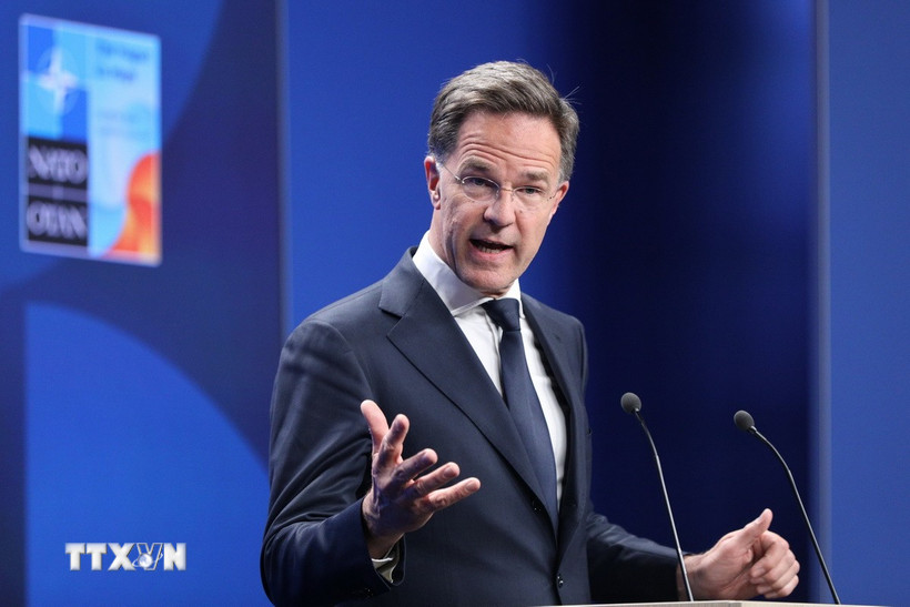Tổng thư ký NATO Mark Rutte trong cuộc họp báo tại La Haye, Hà Lan ngày 23/6/2025. (Ảnh: THX/TTXVN)