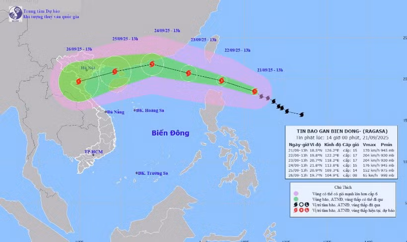 Hình ảnh vị trí và đường đi của bão RAGASA lúc 14h ngày 21/9/2025. (Nguồn: Trung tâm Dự báo Khí tượng Thủy văn Quốc gia)