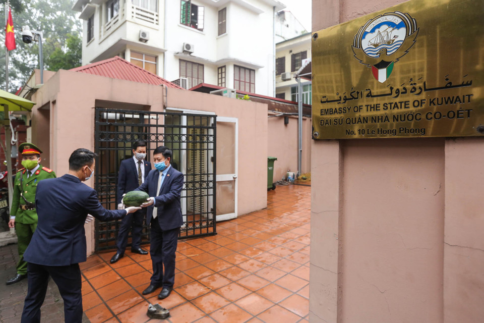 Bắt đầu từ 9 giờ sáng, Đại sứ quán bắt đầu phát dưa hấu miễn phí trước toà nhà văn phòng tại số 10 Lê Hồng Phong, Hà Nội. (Ảnh: Minh Sơn/Vietnam+)