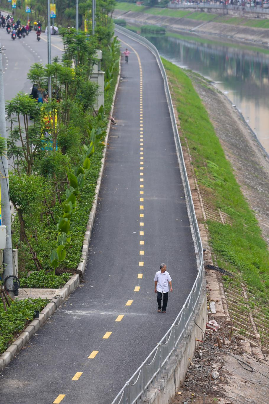 Dải ngăn cách trục đường Láng và đường dành cho người đi bộ này được trồng 3 tầng cây. Tầng trên là lớp cây tỏa bóng mát như phượng tím, cọ dầu, ban, chuông vàng, kèn hồng, muồng lá lạc... (Ảnh: PV/Vietnam+)