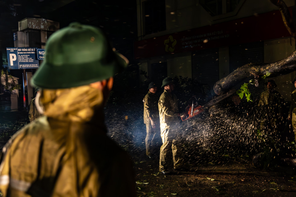 Khu vực đường Giảng Võ, một cây bằng lăng lâu năm đã bật gốc đổ vào nhà dân khiến lực lượng Ban chỉ huy Quân sự quận Đống Đa rất vất vả để xử lý. (Ảnh: Minh Sơn/Vietnam+)