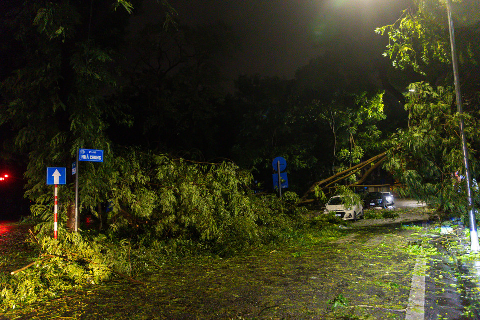 Tối ngày 7/9, cơn bão Yagi - được đánh giá là cơn bão mạnh nhất từ trước đến nay đổ bộ vào Hà Nội - đã để lại những hậu quả tàn khốc, đặc biệt là với cây xanh trên khắp các tuyến phố. Khung cảnh Hà Nội sáng nay là một sự hỗn loạn, tan hoang với hàng ngàn cây cối đổ rạp, gãy đổ, cành lá rải rác khắp nơi. (Ảnh: Minh Sơn/Vietnam+)
