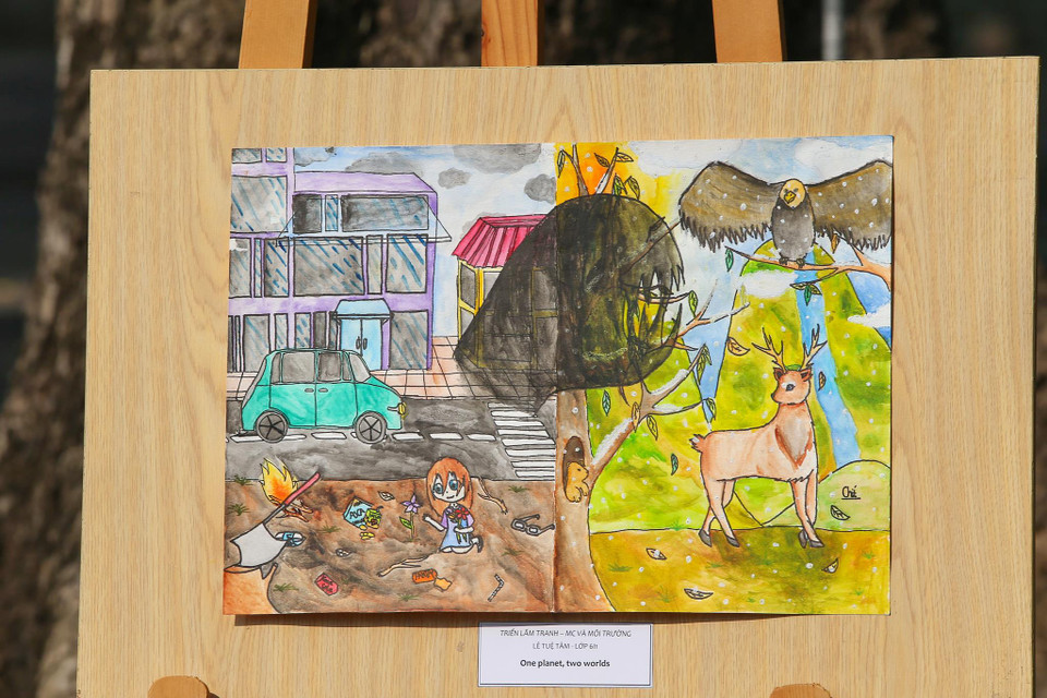 Mỗi bức tranh đều thể hiện rõ ý tưởng, tâm tư, tình cảm, lời muốn nói khi chứng kiến cảnh môi trường sống xung quanh đang dần bị hủy hoại bởi chính con người. (Ảnh: Minh Sơn/Vietnam+)