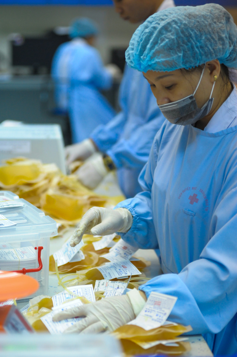 Một đơn vị máu thành phẩm sẽ được gắn nhãn ghi rõ thông tin nhóm máu trước khi chuyển vào ngân hàng máu. (Ảnh: Minh Sơn/Vietnam+)