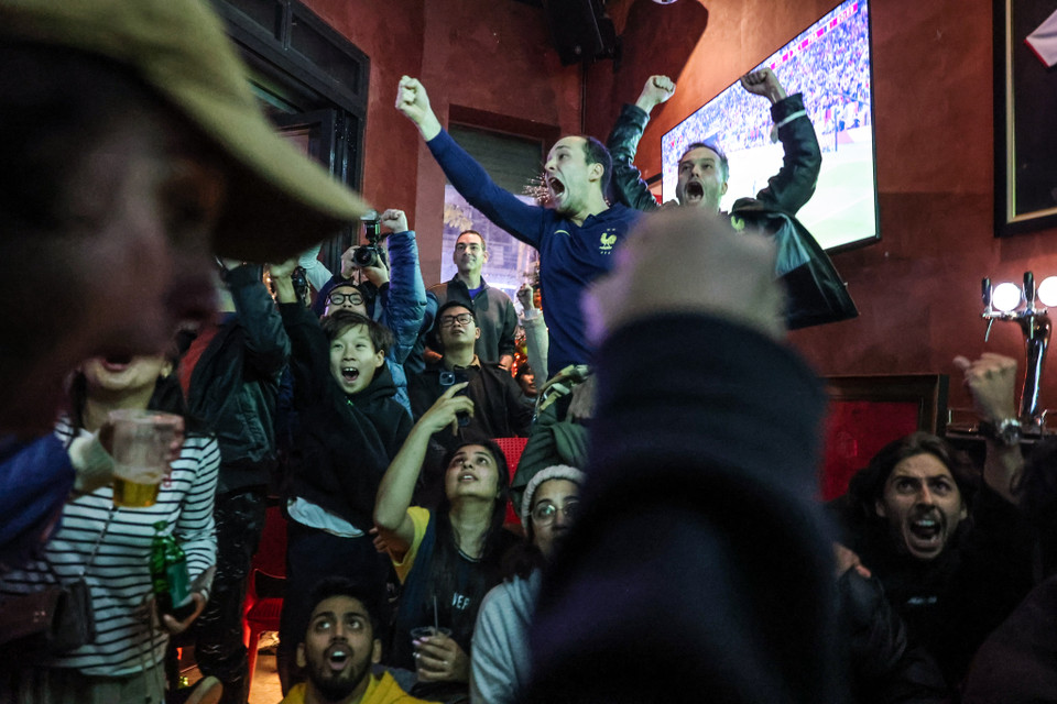 Niềm vui vỡ òa của các cổ động viên tuyển Pháp khi chứng kiến đội nhà ghi hai bàn thắng liên tiếp gỡ hòa. (Ảnh: Minh Sơn/Vietnam+)