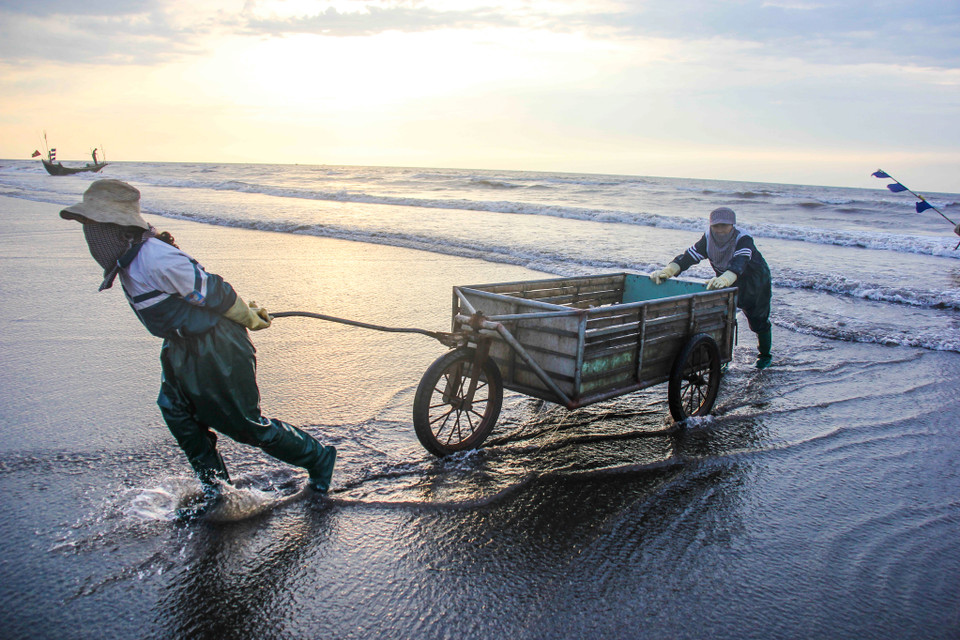 Mỗi sáng, những người phụ nữ dắt xe kéo ra biển đợi thuyền về để chở cá. ‘Hôm nào ông ấy dậy đi tôi cũng chẳng ngủ được nữa, cứ thao thức suốt rồi ngóng trời sáng thôi,’ cô Nguyễn Thị Thủy, vợ một ngư dân chia sẻ. (Ảnh: Quỳnh Trang/TTXVN)