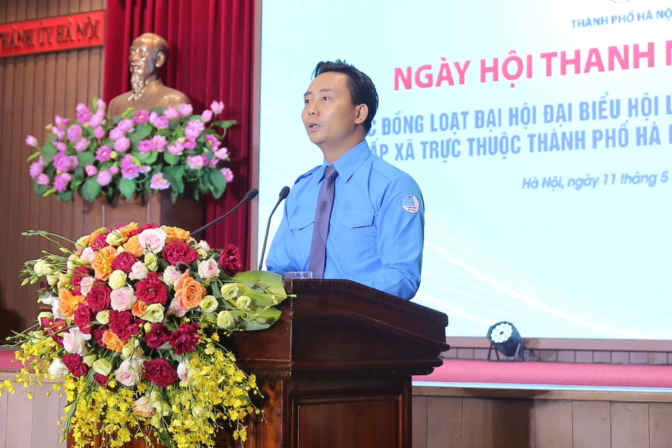 Ông Nguyễn Đức Tiến - Ủy viên Ban Chấp hành Trung ương Đoàn, Phó Bí thư Thường trực Thành đoàn, Chủ tịch Hội Liên hiệp thanh niên Việt Nam thành phố Hà Nội phát biểu. (Ảnh: Diễm Hằng/Vietnam+)