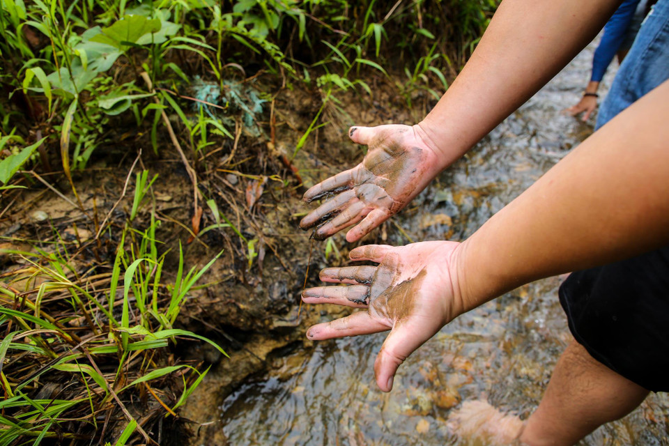 Ngay từ khu vực cuối nguồn, nhiều lớp dầu vẫn đóng cặn trên đá, ven bờ và các cành cây xung quanh. (Ảnh: PV/Vietnam+)