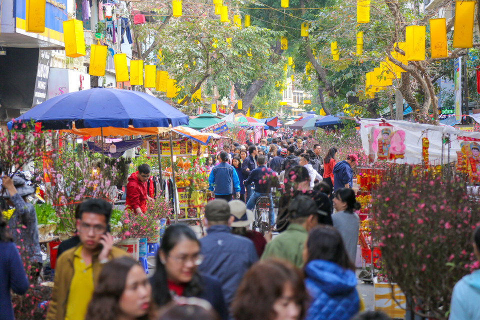 Những năm trở lại đây, chợ hoa Hàng Lược có phần ồn ào và xô bồ hơn trước bởi bày bán nhiều mặt hàng chứ không chỉ có hoa đào, quất,... (Ảnh: Minh Sơn/Vietnam+)