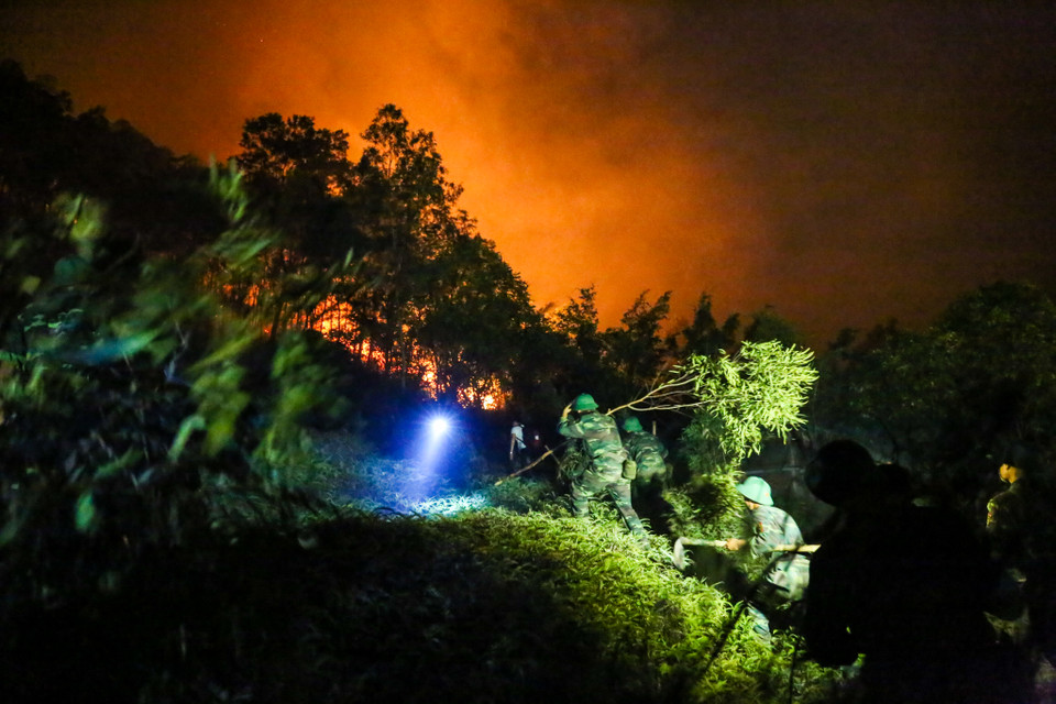 Lực lượng cứu hỏa đã rất khó khăn khi tiếp cận đám cháy. (Ảnh: PV/Vietnam+)