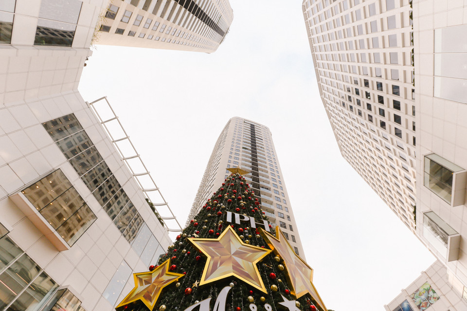 Một cây thông 'khổng lồ' được dựng chính giữa quảng trường trung tâm thương mại IPH. (Ảnh: Minh Sơn/Vietnam+)