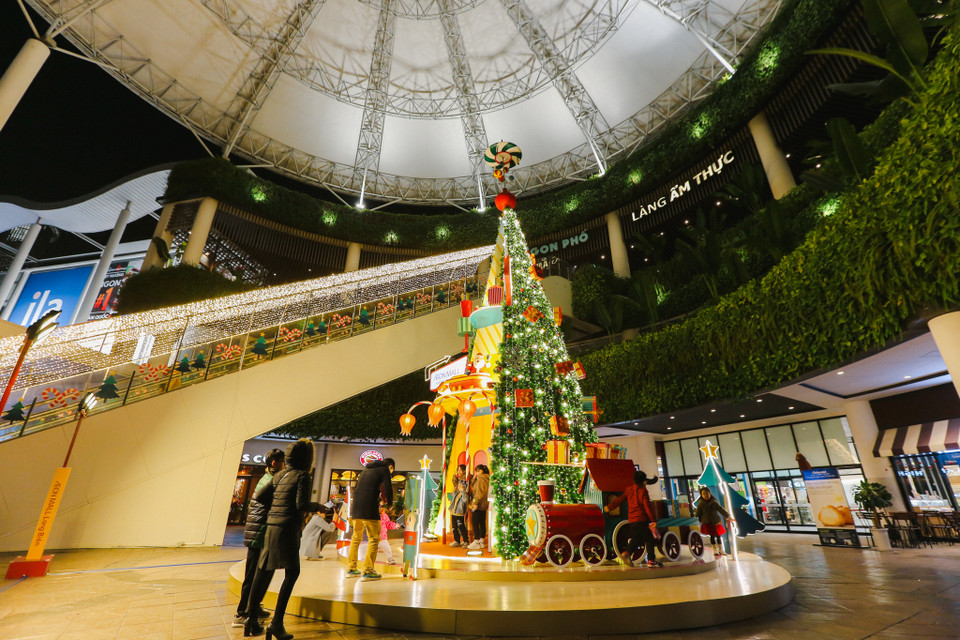 Tuy không lớn bằng mọi năm nhưng cây thông này được trang trí hết sức thú vị khiến nhiều bạn trẻ phải dừng lại chụp hình. (Ảnh: Minh Sơn/Vietnam+)