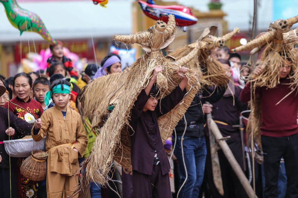 Nổi bật là màn trưng bày tại sân đình những con trâu được tết khéo léo bằng những sợi rơm vàng từ những vụ lúa trước đó. (Ảnh: PV/Vietnam+)