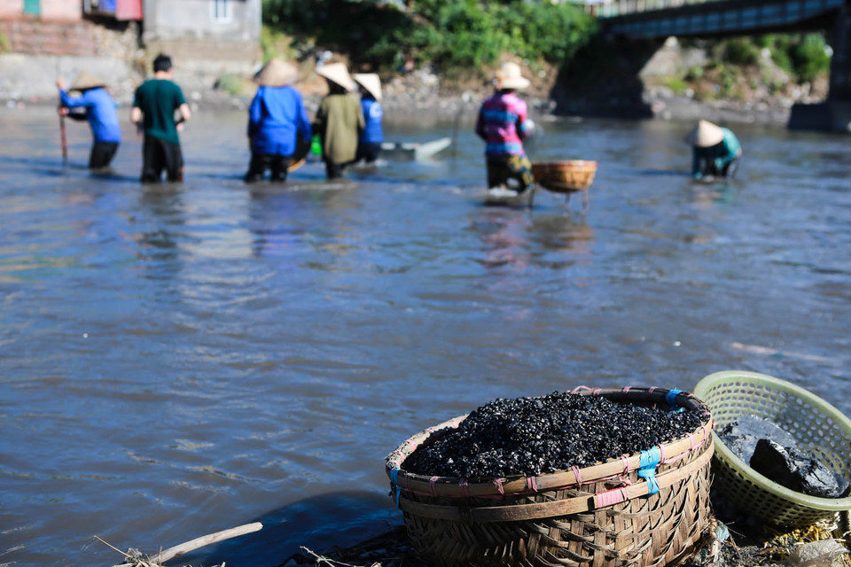 Cuối ngày, hàng chục tấn than đã được vớt lên từ dưới lòng sông. (Ảnh: Minh Sơn/Vietnam+)