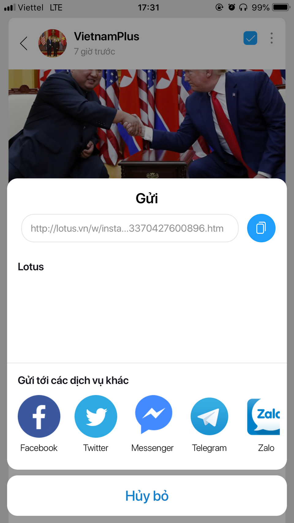Chức năng share link bài viết đến các mạng xã hội khác. (Ảnh chụp màn hình)