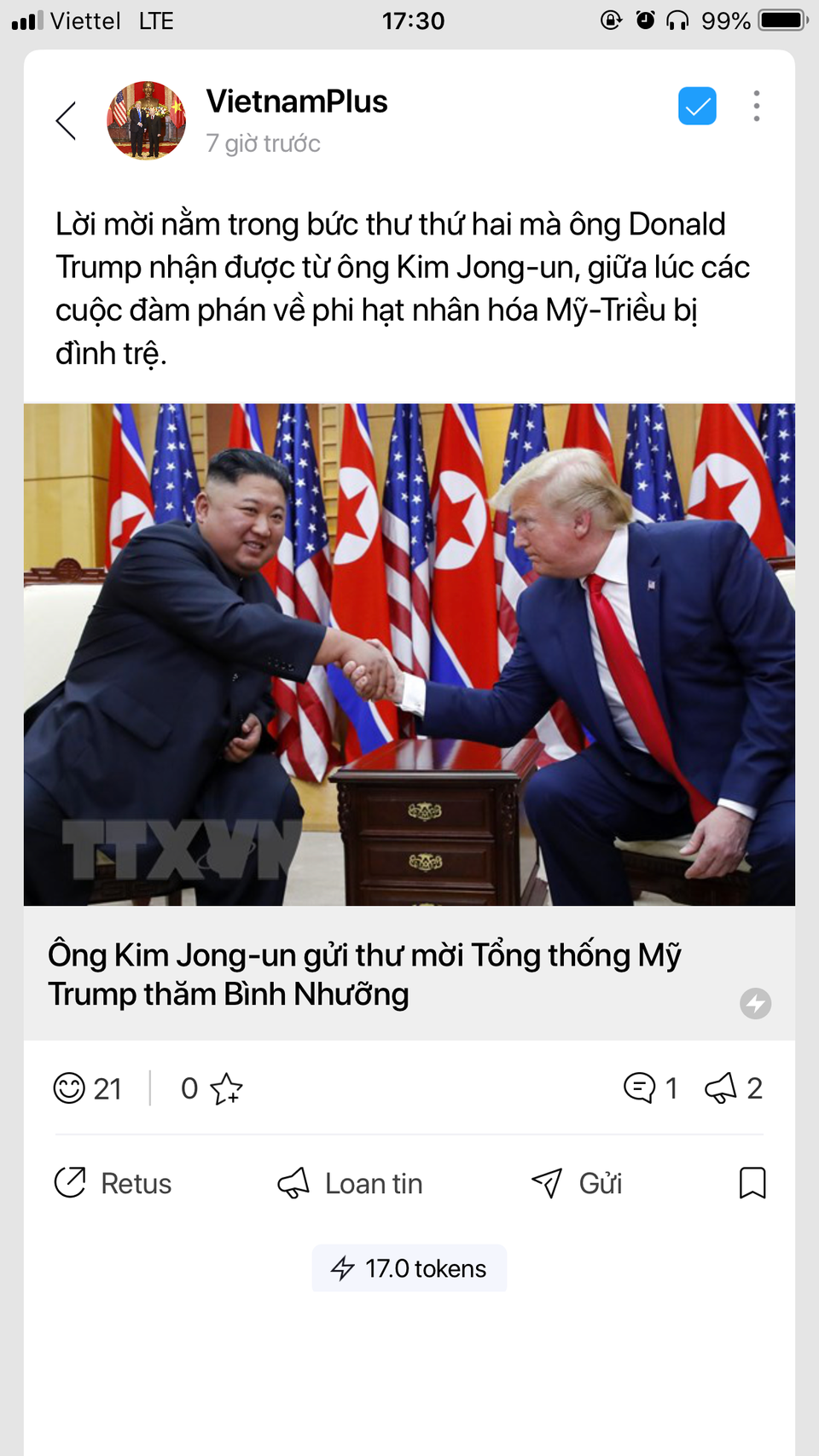 Mỗi bài đăng sẽ có 4 chức năng chính: Retus, Loan tin, Gửi và Lưu. (Ảnh chụp màn hình)