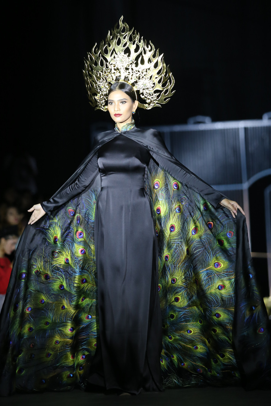 Trang phục của cô lấy ý tưởng từ vẻ đẹp kiêu sa, lộng lẫy của những chú chim công. (Ảnh: Minh Sơn/Vietnam+)