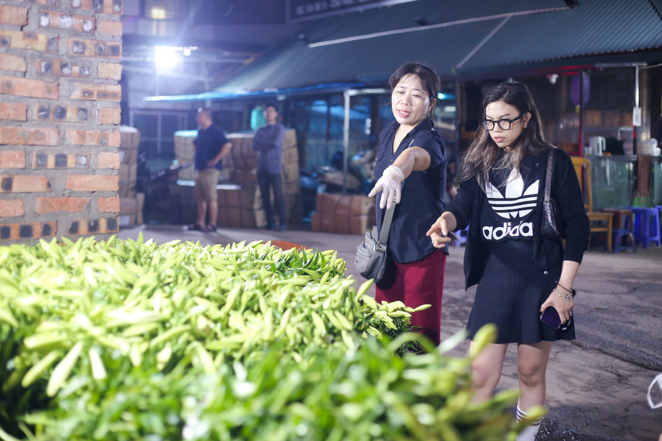 Theo các tiểu thương ở chợ cho biết thì giá bán buôn hoa loa kèn hiện nay theo từng loại khác nhau sẽ từ 180-300 ngàn/bó 100 bông và giá có phần nhỉnh hơn so với các năm trước. (Ảnh: Diễm Hằng/Vietnam+)