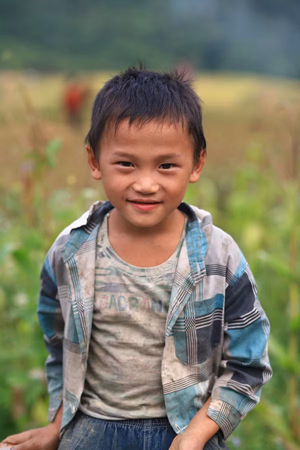 Cậu bé này đang giúp bố mẹ đập lúa. (Ảnh Minh Sơn/Vietnam+) 