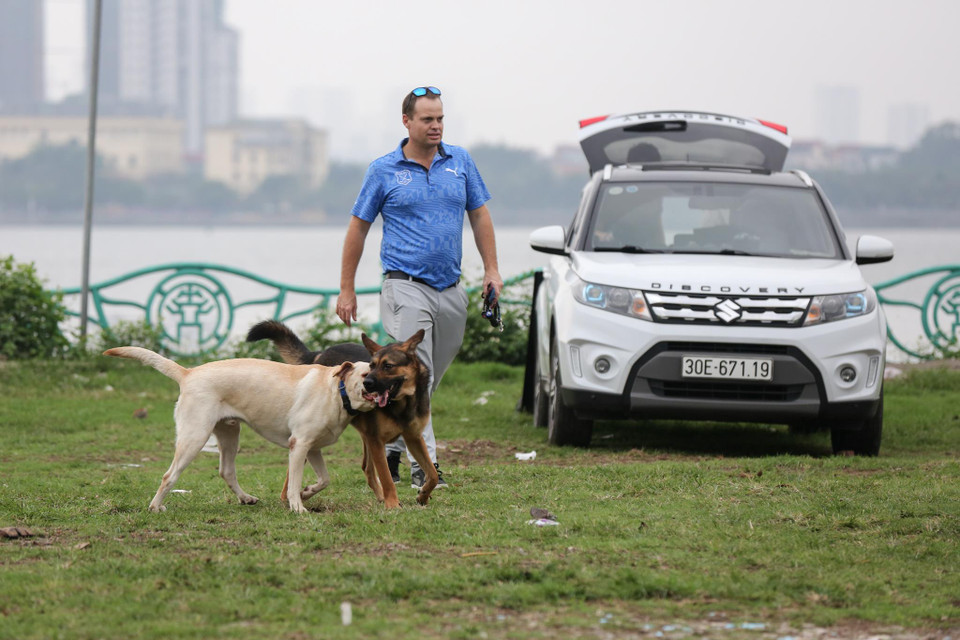 Không khó để bắt gặp cảnh tượng mỗi chiều ở những công viên, vườn hoa người dân mang chó ra để tập luyện. (Ảnh: Minh Sơn/Vietnam+)