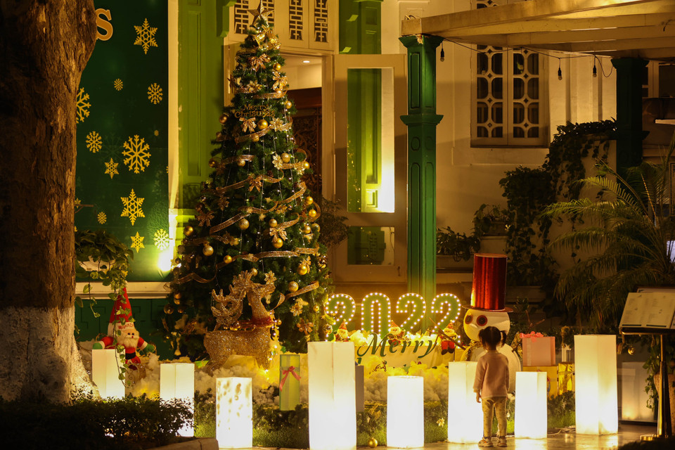 Cây thông được trang trí với quả châu và ruy băng vàng, ông già Noel và tuần lộc. (Ảnh: Hoài Nam/Vietnam+)