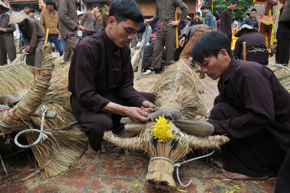 Những con trâu, con bò tết bằng những sợi rơm vàng óng, được kết tại sân đình. (Ảnh: PV/Vietnam+)