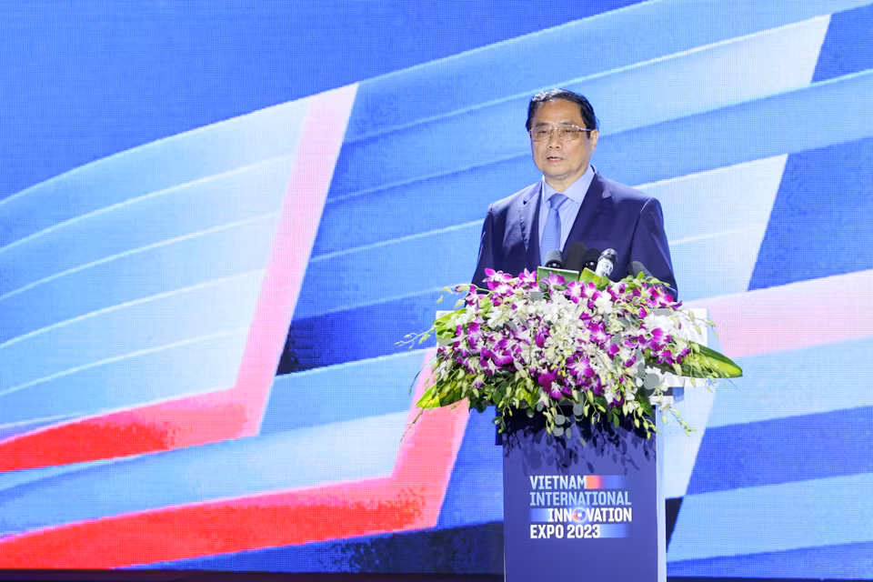 Phát biểu tại sự kiện, Thủ tướng Phạm Minh Chính đánh giá, sự kiện đã giới thiệu và lan tỏa hình ảnh 'Quốc gia đổi mới sáng tạo' tới công chúng và cộng đồng đổi mới sáng tạo trên thế giới; cho thấy tiềm năng, lợi thế và những bước tiến của Việt Nam về đổi mới sáng tạo và việc tiếp cận, ứng dụng các thành tựu của cuộc Cách mạng công nghiệp lần thứ Tư trong phát triển kinh tế - xã hội đất nước. (Ảnh: Minh Sơn/Vietnam+)