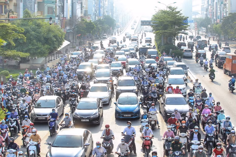 Khu vực Trường Chinh-Láng bắt đầu ùn tắc (ảnh chụp lúc 7h37). (Ảnh: Tuấn Đức - TTXVN)