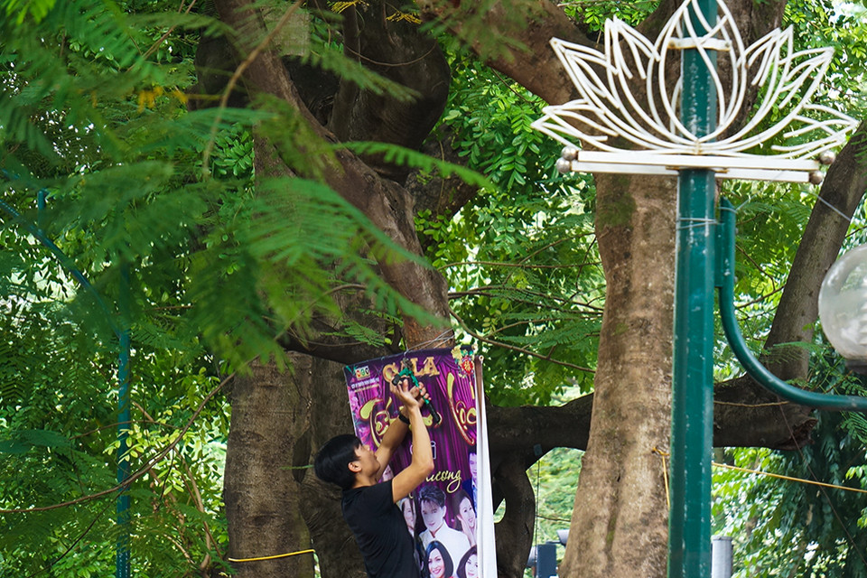 Những vị trí được phép treo có gắn logo hình hoa sen nhưng rất nhiều đơn vị đã tự ý treo trái phép. (Ảnh: Minh Sơn/Vietnam+)